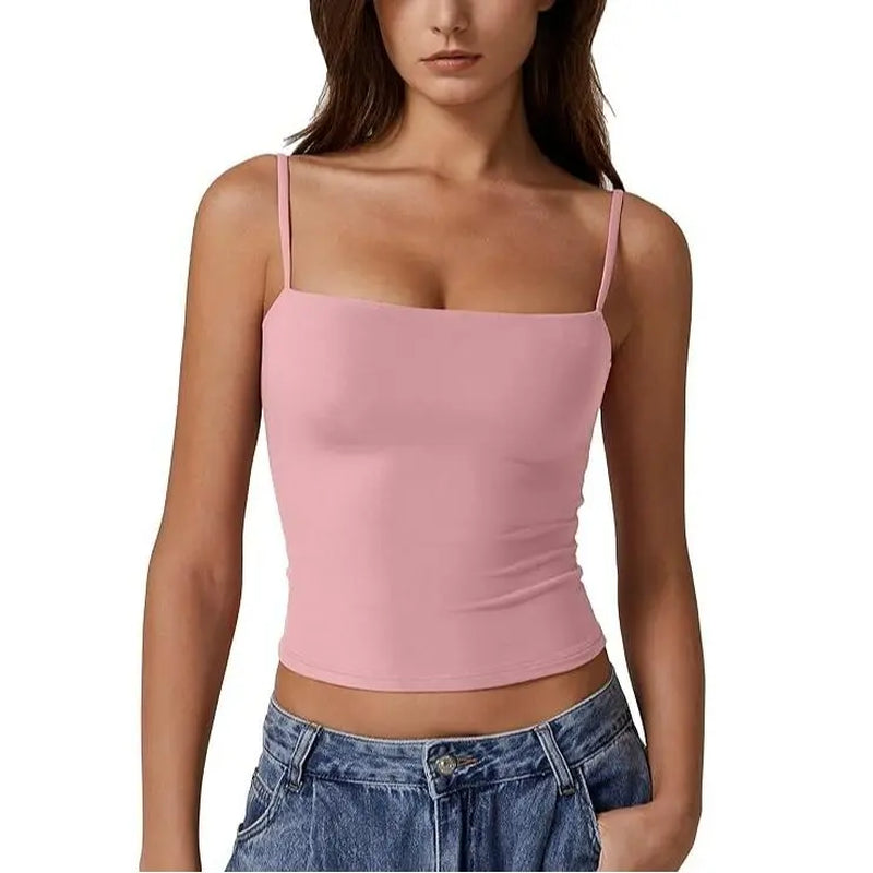 QINSEN Apparel Women'S Double Lined Basic Tank Top Adjustable Spaghetti Straps Sleeveless Camisole Shirts Breathable Casual Wear