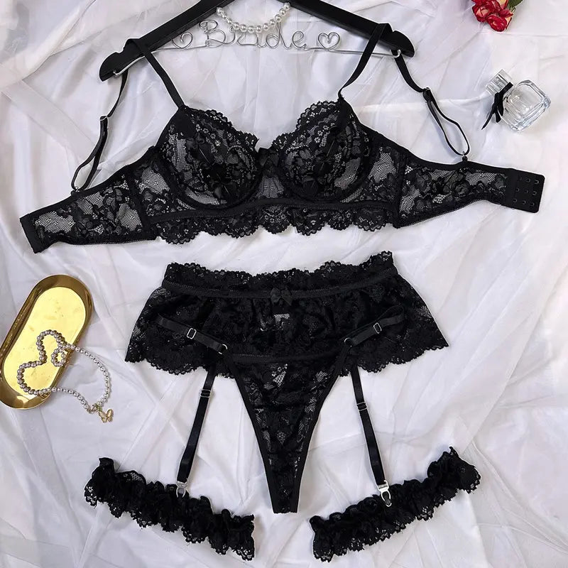 Women'S plus Size 5-Piece Floral Print Teddy Lingerie Set - Underwire Mesh Bra, Corset Bikini, Detachable Lace Thigh Garters, Elegant Accessory, Polyester Blend Soft Intimate Wear, Machine Washable
