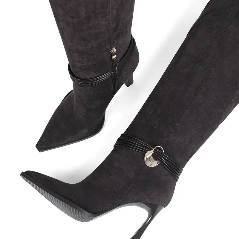 AMINUGAL Women'S Plain Tan Knee-High Stiletto Boots, High-Heel Design with Gold Buckle Detail, Apricot