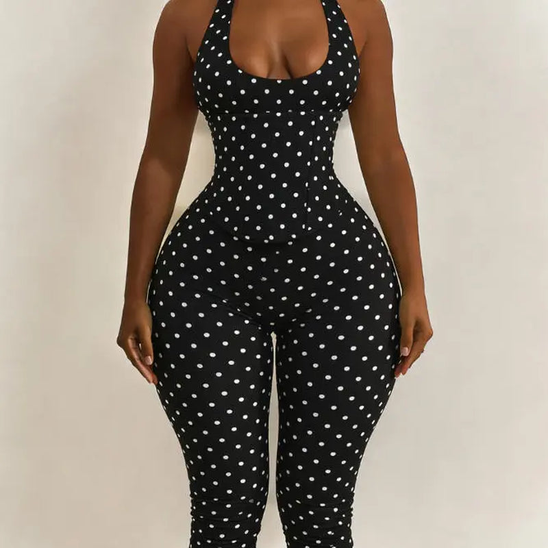 Women’S Seamless Polka Dot Shapewear Halter Bodysuit 2-Piece Set, Tummy Control & Butt Lift Waist Trainer