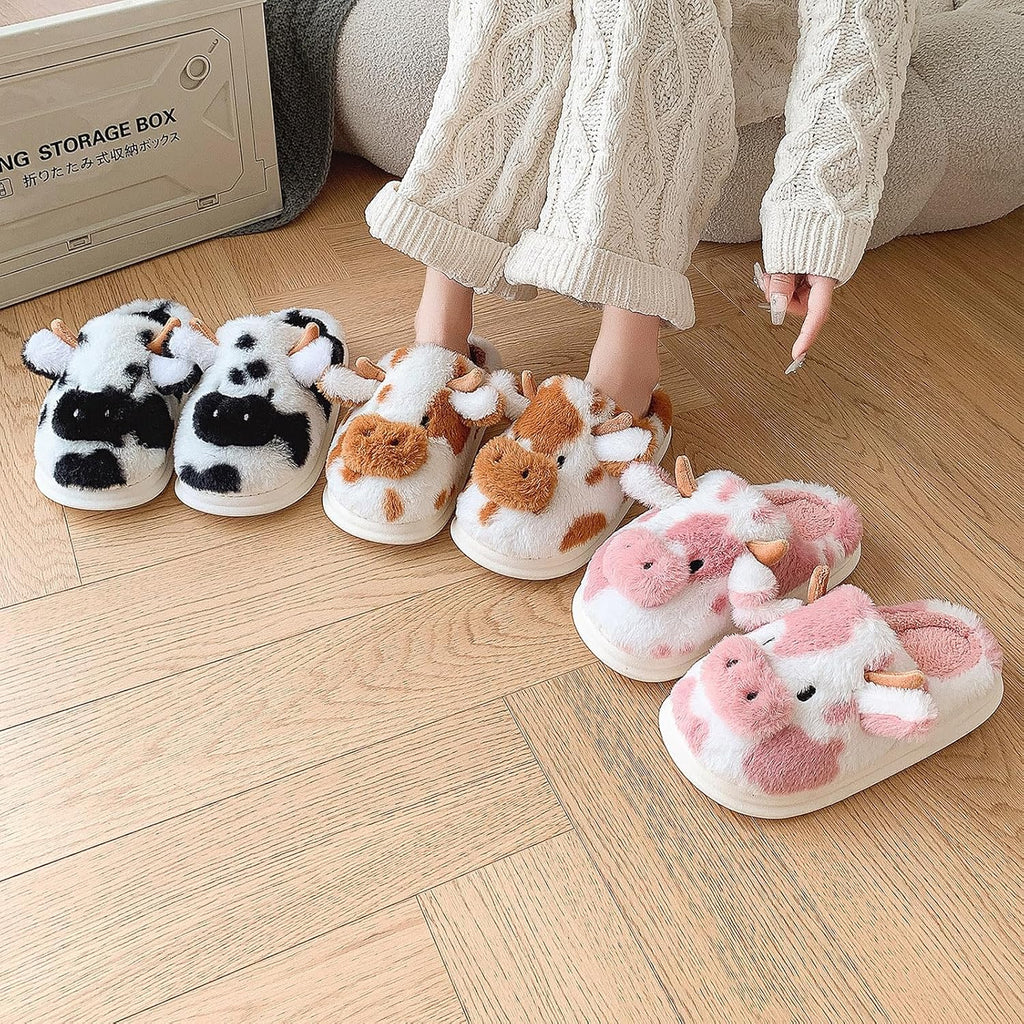 Cow Slippers for Women, Adults Print Cartoon Fuzzy Cute Bedroom House Shoes with Memory Foam for Winter, Fluffy Thick Cozy Kawaii Slides