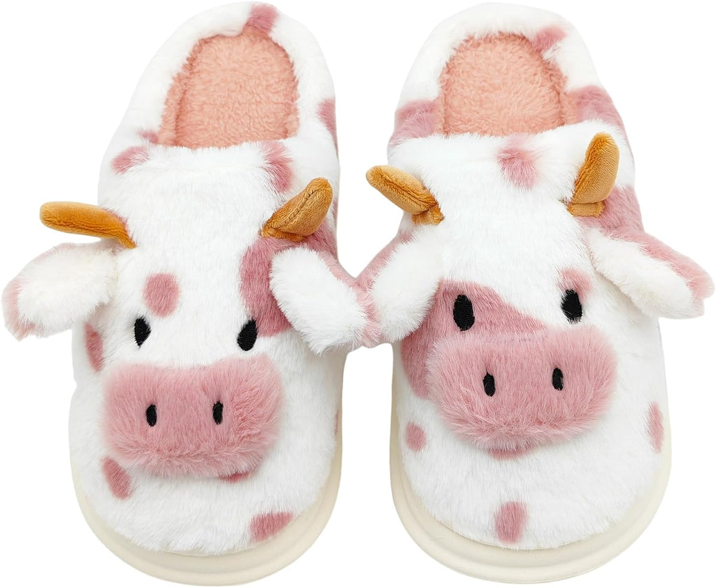 Cow Slippers for Women, Adults Print Cartoon Fuzzy Cute Bedroom House Shoes with Memory Foam for Winter, Fluffy Thick Cozy Kawaii Slides