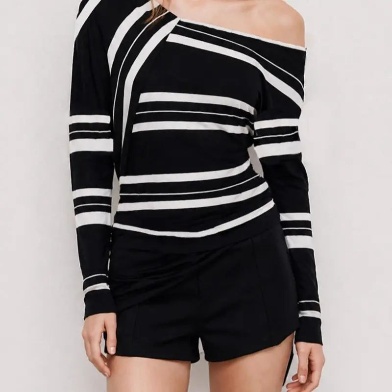 Women’S off Shoulder Style Striped Long Sleeve Top, Asymmetrical Neck, Slim Fit Ruched Blouse, Casual Soft Stretch Top for Fall and Everyday Wear[5786] Flowy Boho Clothes Women Women'S Spring Elegant Stripe Crop
