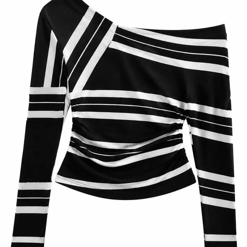 Women’S off Shoulder Style Striped Long Sleeve Top, Asymmetrical Neck, Slim Fit Ruched Blouse, Casual Soft Stretch Top for Fall and Everyday Wear[5786] Flowy Boho Clothes Women Women'S Spring Elegant Stripe Crop