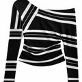 Women’S off Shoulder Style Striped Long Sleeve Top, Asymmetrical Neck, Slim Fit Ruched Blouse, Casual Soft Stretch Top for Fall and Everyday Wear[5786] Flowy Boho Clothes Women Women'S Spring Elegant Stripe Crop