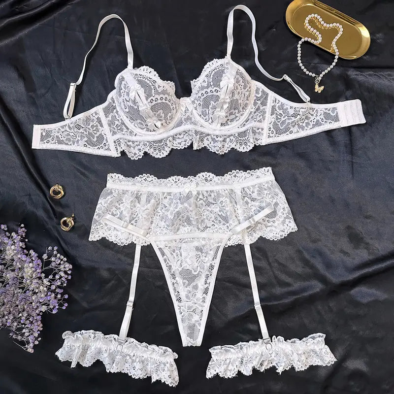 Women'S plus Size 5-Piece Floral Print Teddy Lingerie Set - Underwire Mesh Bra, Corset Bikini, Detachable Lace Thigh Garters, Elegant Accessory, Polyester Blend Soft Intimate Wear, Machine Washable