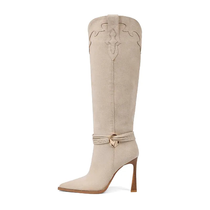 AMINUGAL Women'S Plain Tan Knee-High Stiletto Boots, High-Heel Design with Gold Buckle Detail, Apricot