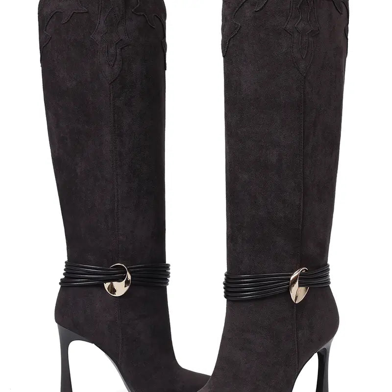 AMINUGAL Women'S Plain Tan Knee-High Stiletto Boots, High-Heel Design with Gold Buckle Detail, Apricot