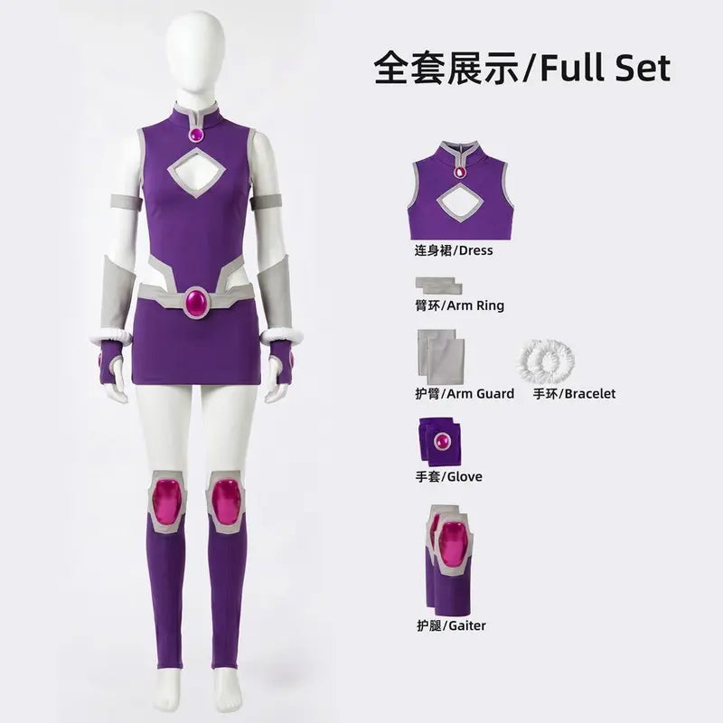 Koriand'R Teen Titans Cosplay Costumes Starfire Adult Women Purple Battle Suit Bodysuit Con Fantasy Outfits for Halloween Role Play Party