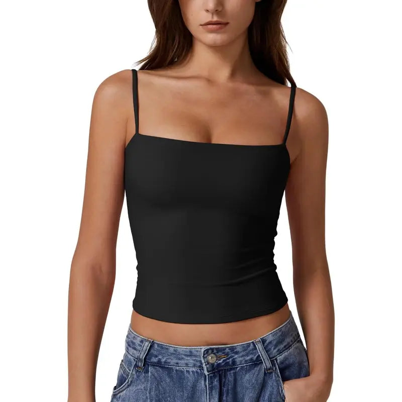 QINSEN Apparel Women'S Double Lined Basic Tank Top Adjustable Spaghetti Straps Sleeveless Camisole Shirts Breathable Casual Wear
