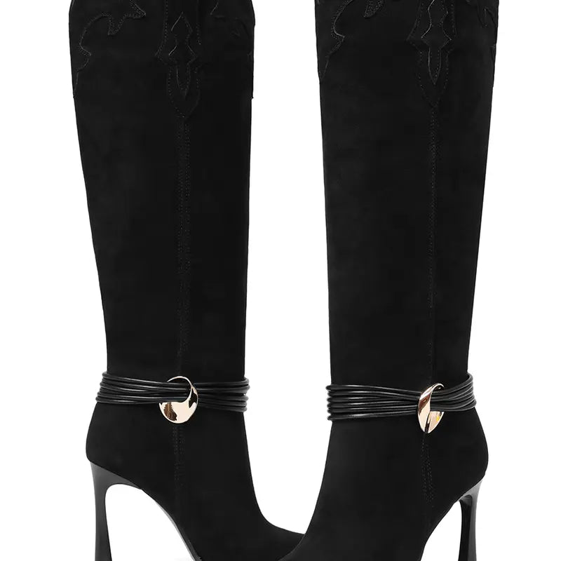 AMINUGAL Women'S Plain Tan Knee-High Stiletto Boots, High-Heel Design with Gold Buckle Detail, Apricot