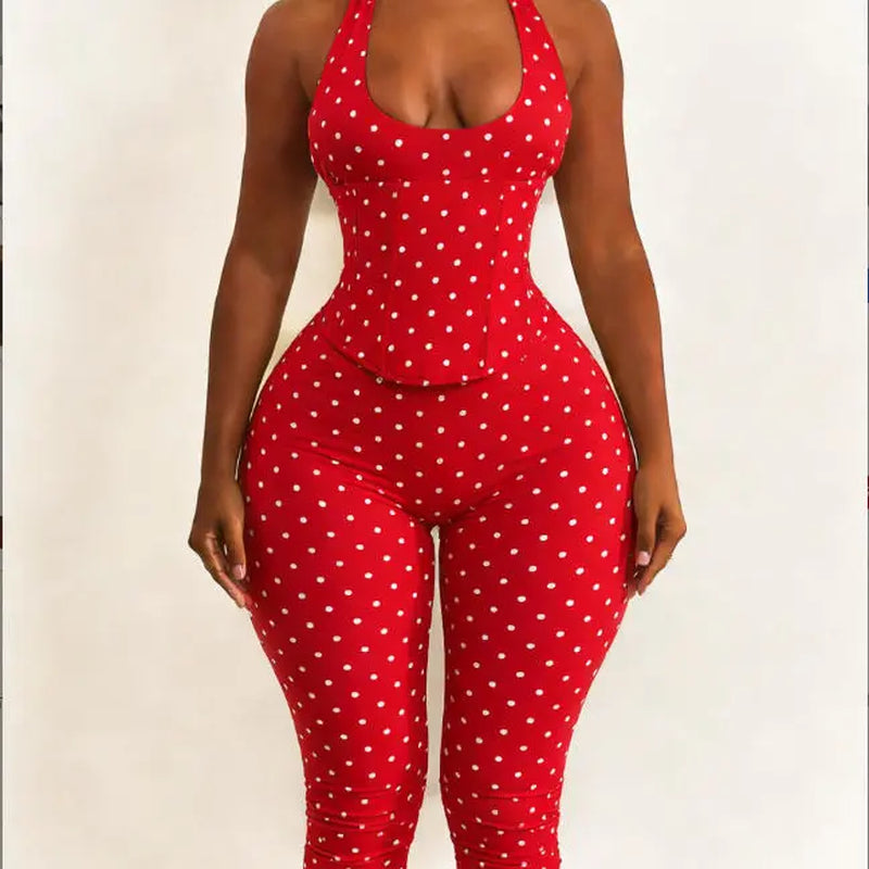 Women’S Seamless Polka Dot Shapewear Halter Bodysuit 2-Piece Set, Tummy Control & Butt Lift Waist Trainer