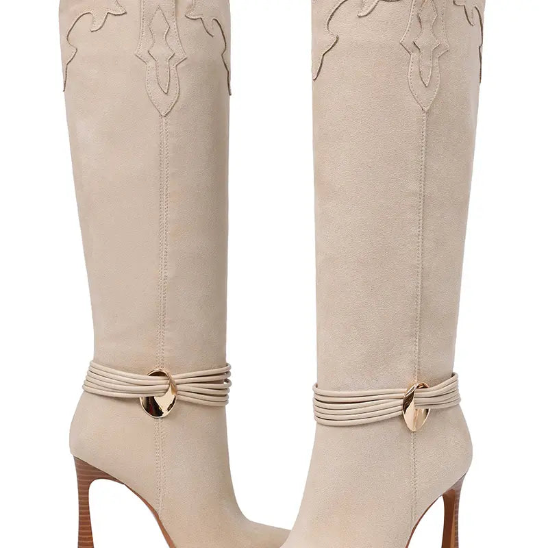 AMINUGAL Women'S Plain Tan Knee-High Stiletto Boots, High-Heel Design with Gold Buckle Detail, Apricot