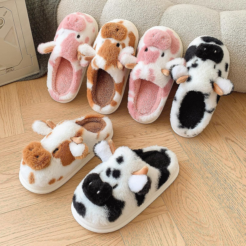 Cow Slippers for Women, Adults Print Cartoon Fuzzy Cute Bedroom House Shoes with Memory Foam for Winter, Fluffy Thick Cozy Kawaii Slides