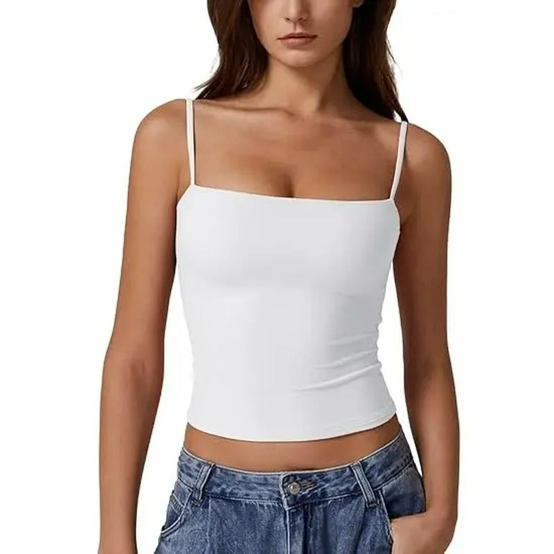 QINSEN Apparel Women'S Double Lined Basic Tank Top Adjustable Spaghetti Straps Sleeveless Camisole Shirts Breathable Casual Wear