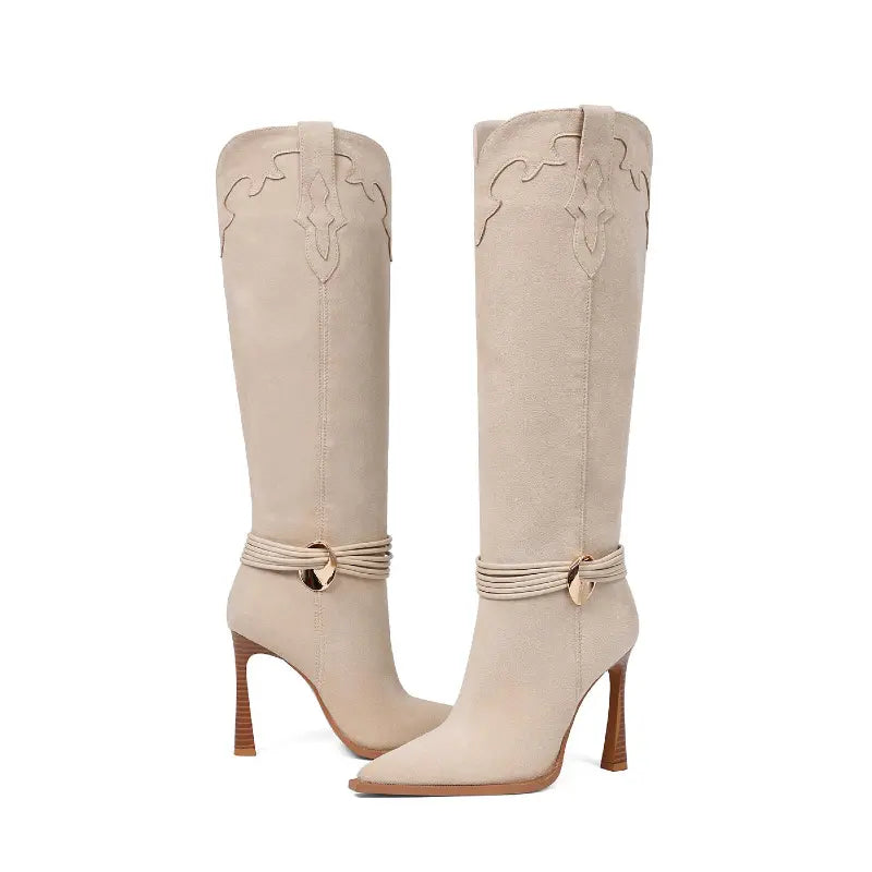 AMINUGAL Women'S Plain Tan Knee-High Stiletto Boots, High-Heel Design with Gold Buckle Detail, Apricot