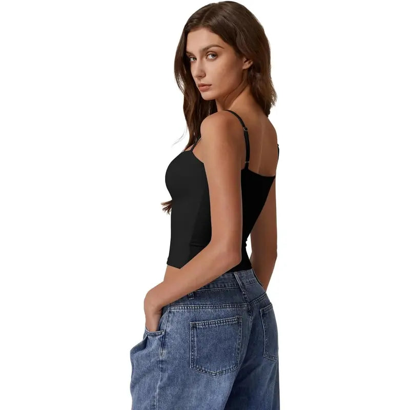 QINSEN Apparel Women'S Double Lined Basic Tank Top Adjustable Spaghetti Straps Sleeveless Camisole Shirts Breathable Casual Wear