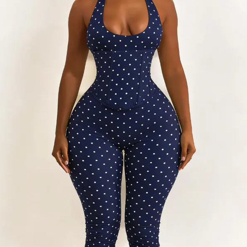 Women’S Seamless Polka Dot Shapewear Halter Bodysuit 2-Piece Set, Tummy Control & Butt Lift Waist Trainer