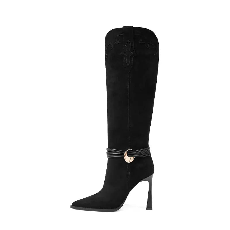AMINUGAL Women'S Plain Tan Knee-High Stiletto Boots, High-Heel Design with Gold Buckle Detail, Apricot