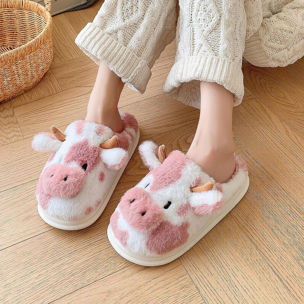 Cow Slippers for Women, Adults Print Cartoon Fuzzy Cute Bedroom House Shoes with Memory Foam for Winter, Fluffy Thick Cozy Kawaii Slides