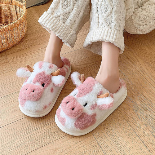 Cow Slippers for Women, Adults Print Cartoon Fuzzy Cute Bedroom House Shoes with Memory Foam for Winter, Fluffy Thick Cozy Kawaii Slides