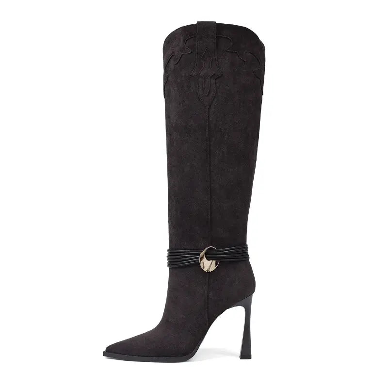 AMINUGAL Women'S Plain Tan Knee-High Stiletto Boots, High-Heel Design with Gold Buckle Detail, Apricot