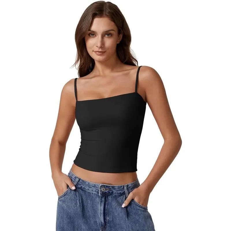 QINSEN Apparel Women'S Double Lined Basic Tank Top Adjustable Spaghetti Straps Sleeveless Camisole Shirts Breathable Casual Wear