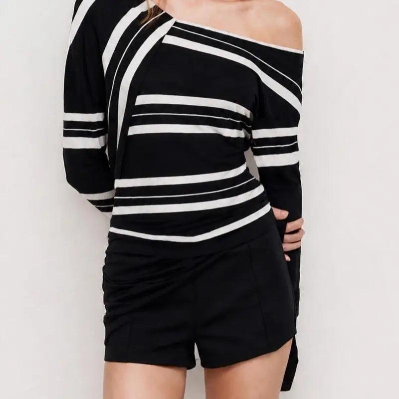 Women’S off Shoulder Style Striped Long Sleeve Top, Asymmetrical Neck, Slim Fit Ruched Blouse, Casual Soft Stretch Top for Fall and Everyday Wear[5786] Flowy Boho Clothes Women Women'S Spring Elegant Stripe Crop