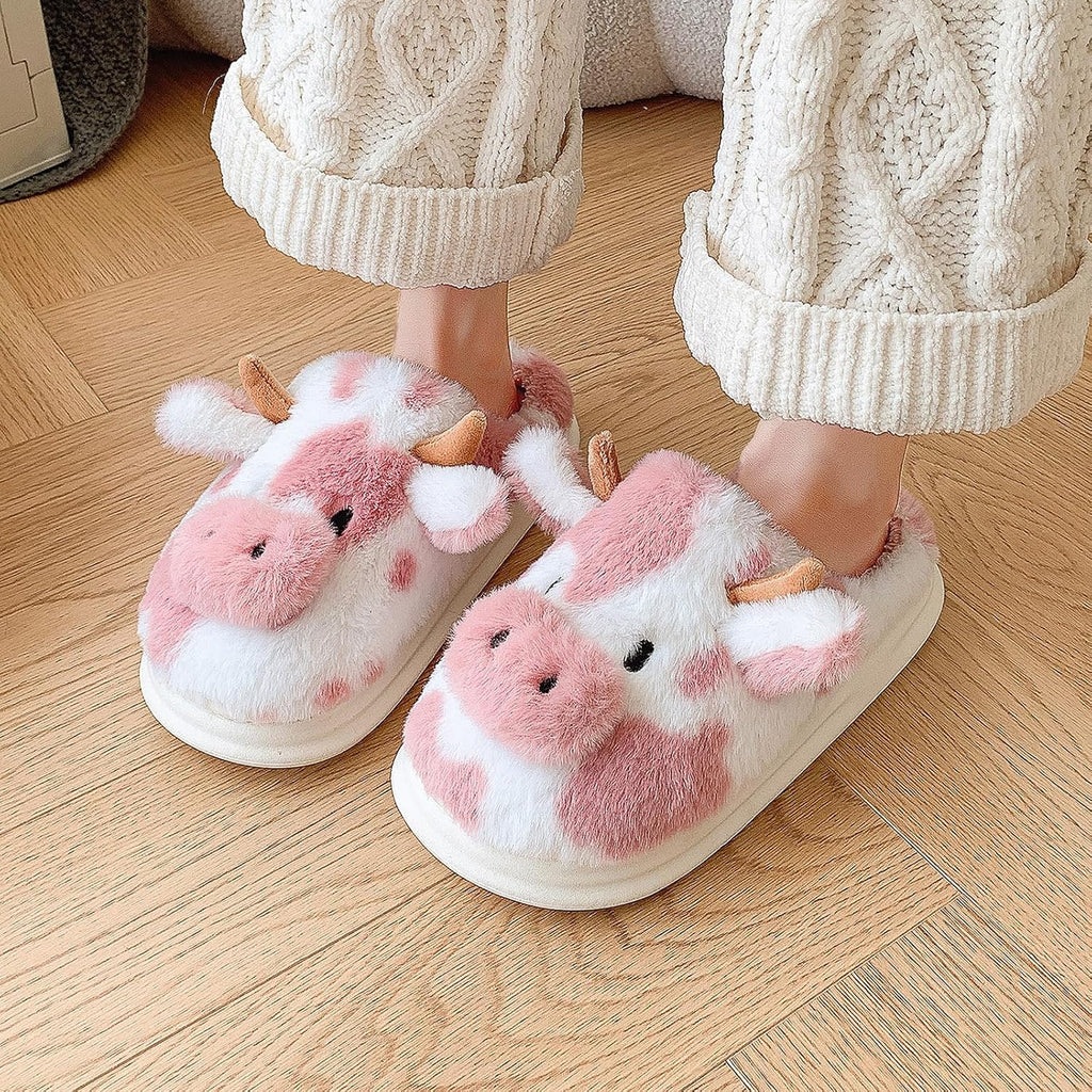 Cow Slippers for Women, Adults Print Cartoon Fuzzy Cute Bedroom House Shoes with Memory Foam for Winter, Fluffy Thick Cozy Kawaii Slides