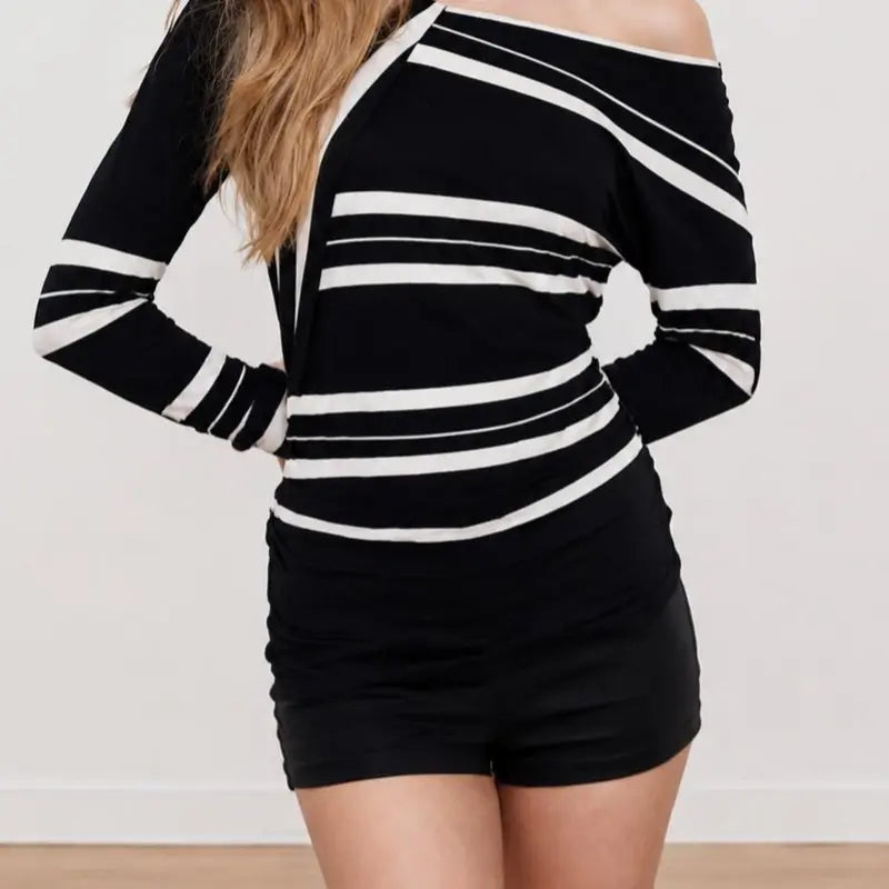 Women’S off Shoulder Style Striped Long Sleeve Top, Asymmetrical Neck, Slim Fit Ruched Blouse, Casual Soft Stretch Top for Fall and Everyday Wear[5786] Flowy Boho Clothes Women Women'S Spring Elegant Stripe Crop