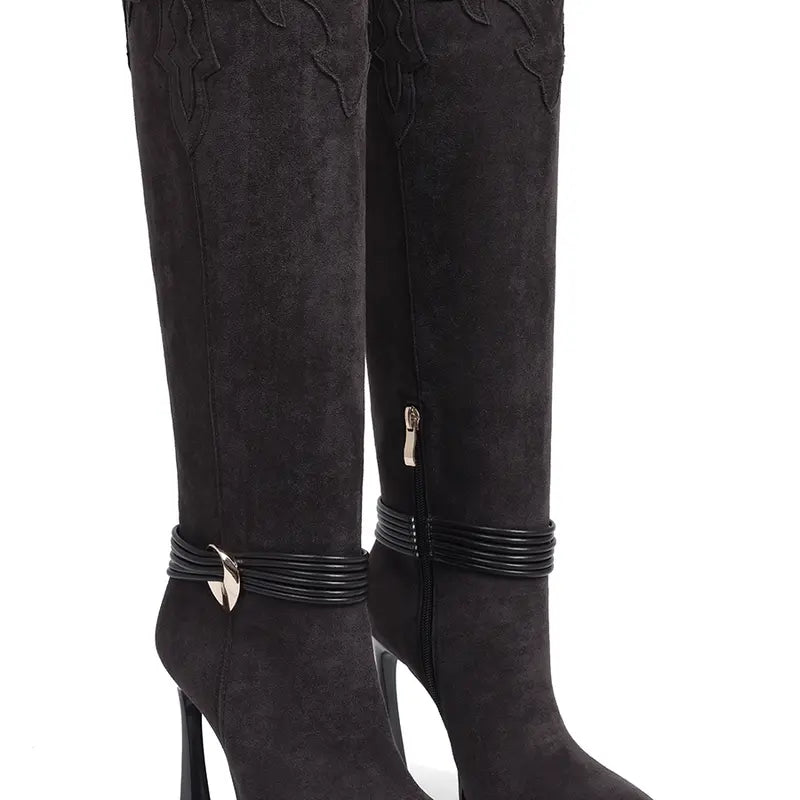 AMINUGAL Women'S Plain Tan Knee-High Stiletto Boots, High-Heel Design with Gold Buckle Detail, Apricot