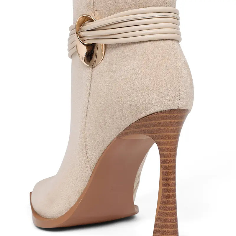 AMINUGAL Women'S Plain Tan Knee-High Stiletto Boots, High-Heel Design with Gold Buckle Detail, Apricot
