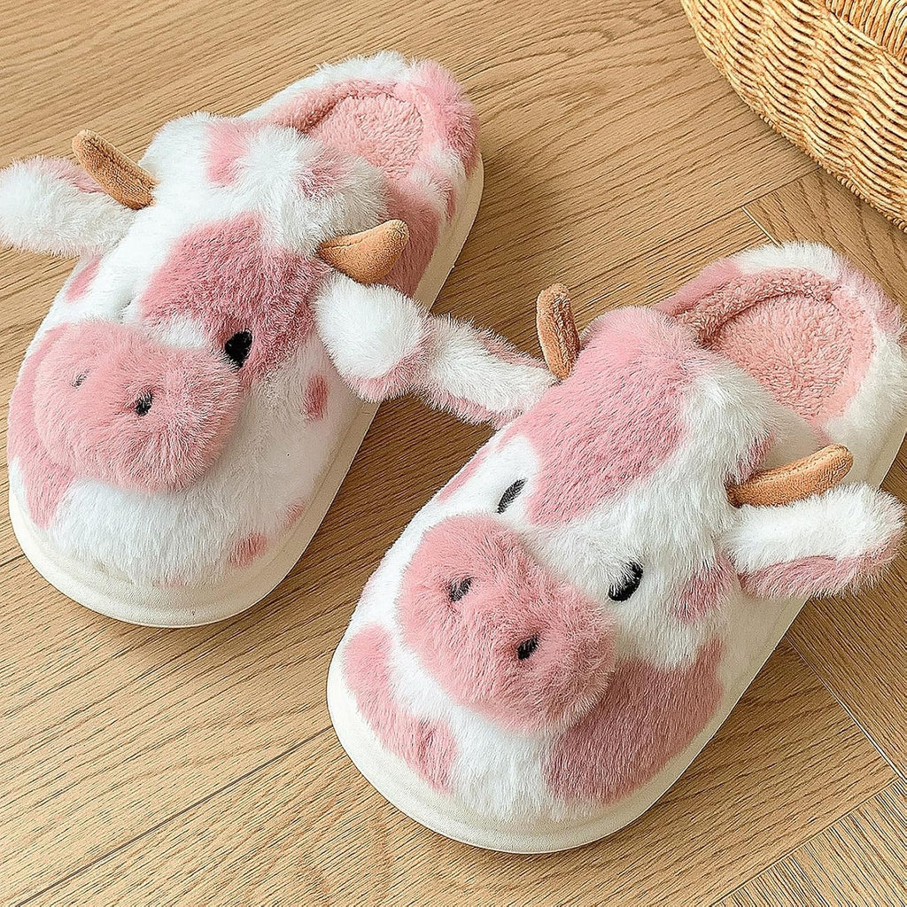Cow Slippers for Women, Adults Print Cartoon Fuzzy Cute Bedroom House Shoes with Memory Foam for Winter, Fluffy Thick Cozy Kawaii Slides