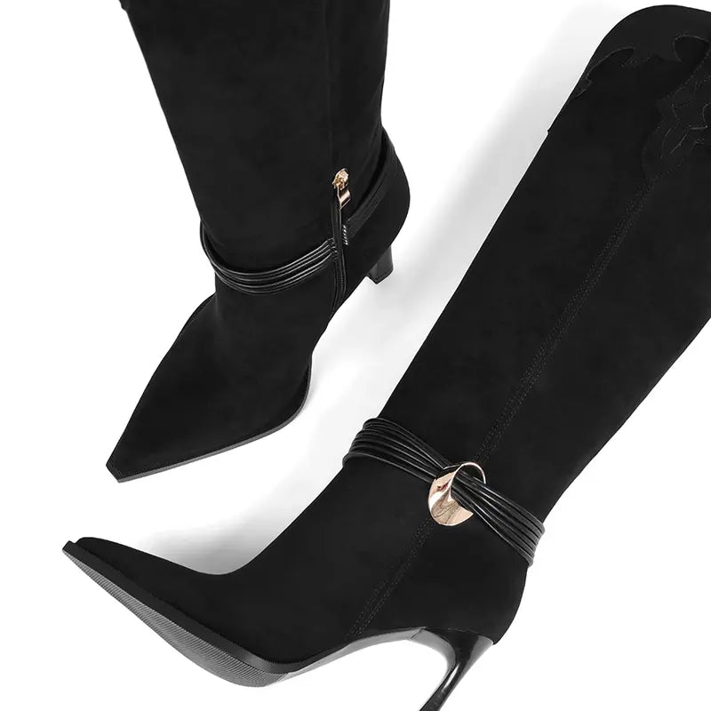 AMINUGAL Women'S Plain Tan Knee-High Stiletto Boots, High-Heel Design with Gold Buckle Detail, Apricot