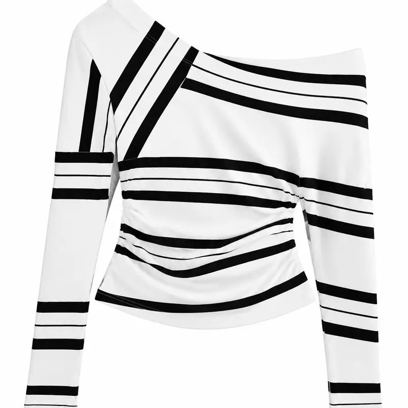 Women’S off Shoulder Style Striped Long Sleeve Top, Asymmetrical Neck, Slim Fit Ruched Blouse, Casual Soft Stretch Top for Fall and Everyday Wear[5786] Flowy Boho Clothes Women Women'S Spring Elegant Stripe Crop